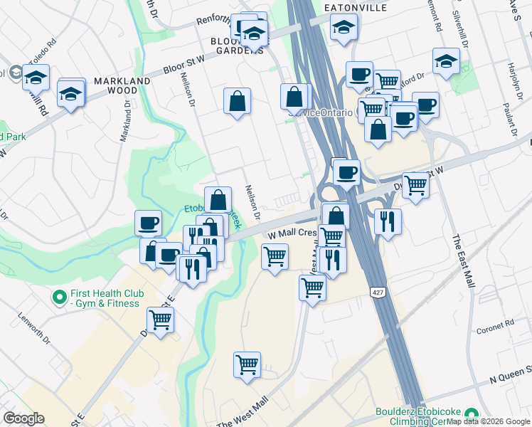 map of restaurants, bars, coffee shops, grocery stores, and more near in Toronto