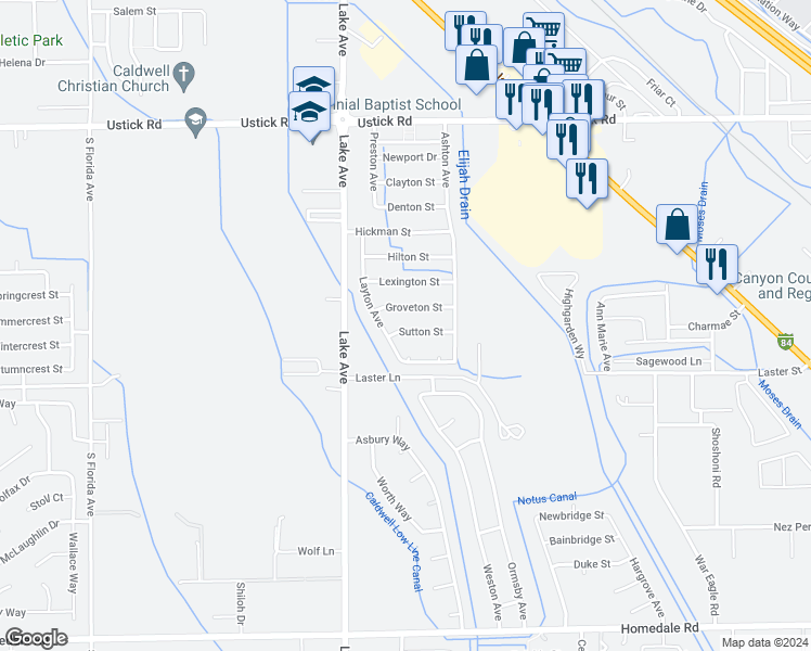 map of restaurants, bars, coffee shops, grocery stores, and more near 3901 Sutton Street in Caldwell