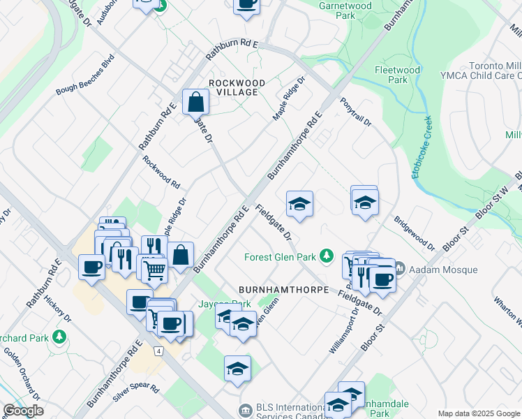 map of restaurants, bars, coffee shops, grocery stores, and more near Fieldgate Drive in Mississauga