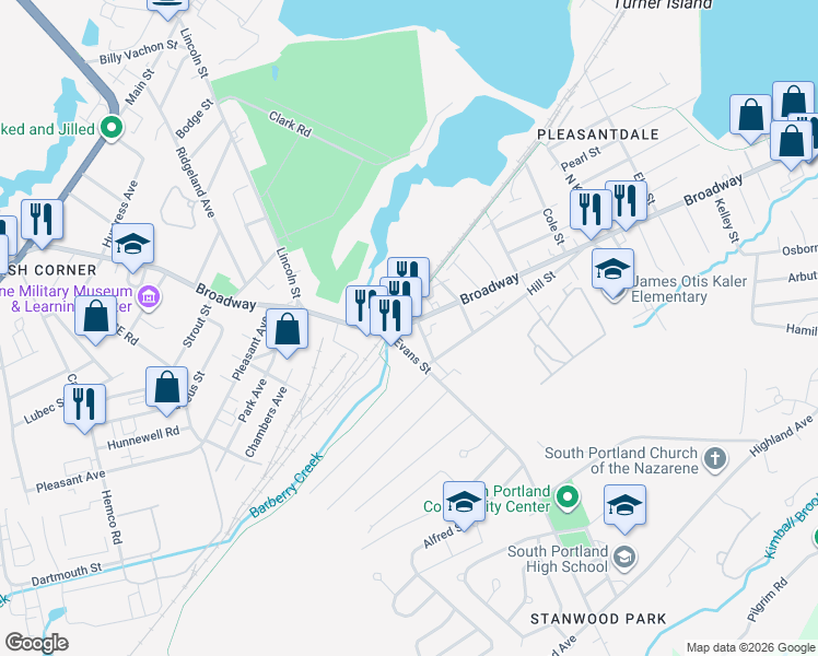map of restaurants, bars, coffee shops, grocery stores, and more near 1096 Broadway in South Portland