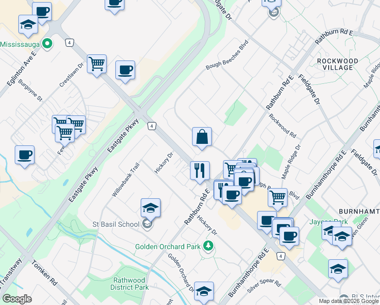 map of restaurants, bars, coffee shops, grocery stores, and more near 4262 Poltava Crescent in Mississauga