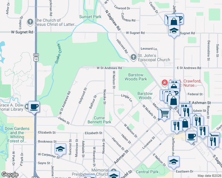 map of restaurants, bars, coffee shops, grocery stores, and more near 3200 West Nelson Street in Midland