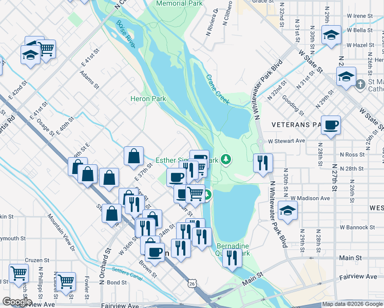 map of restaurants, bars, coffee shops, grocery stores, and more near 3660 North Adams Street in Garden City