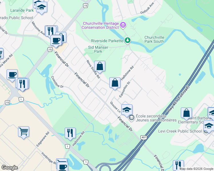 map of restaurants, bars, coffee shops, grocery stores, and more near in Brampton
