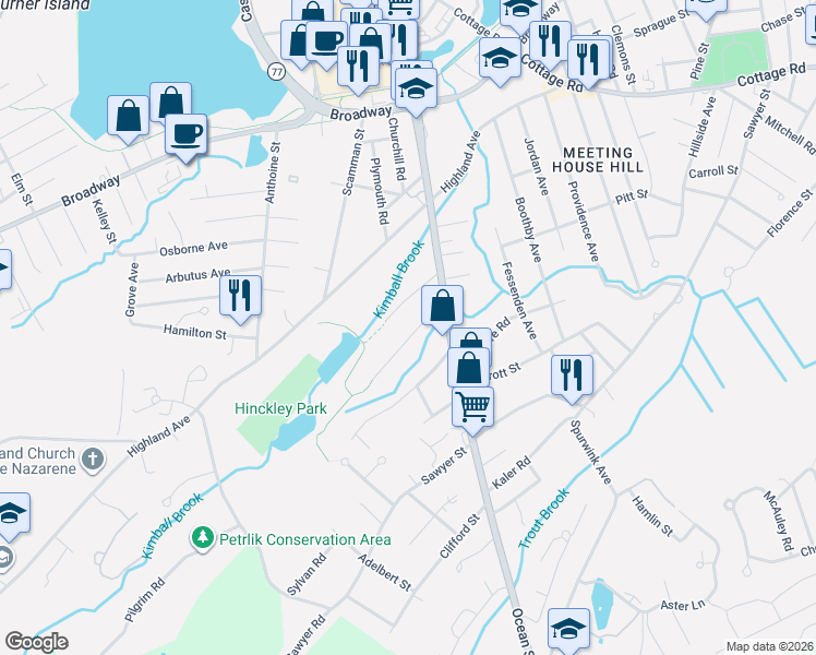 map of restaurants, bars, coffee shops, grocery stores, and more near 41 Wild Rose Avenue in South Portland