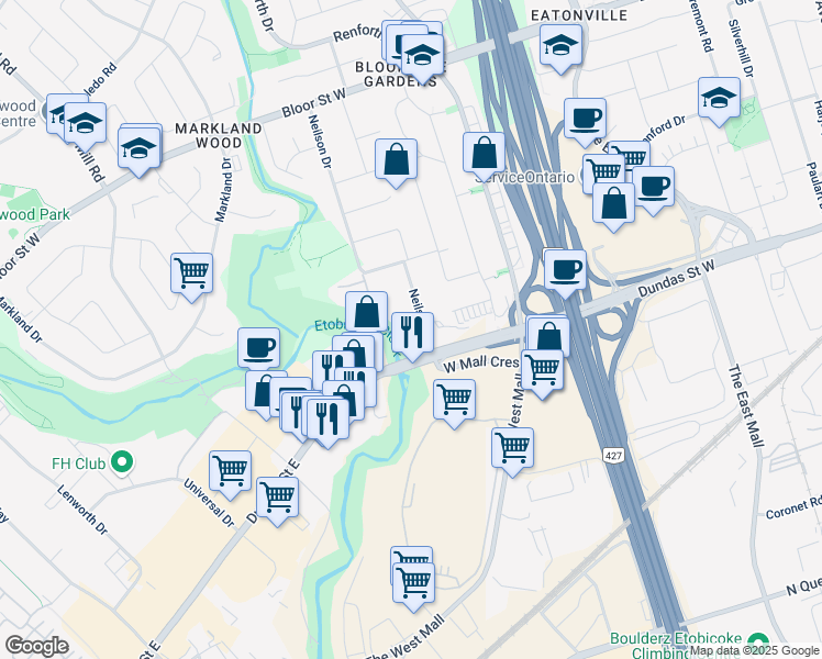 map of restaurants, bars, coffee shops, grocery stores, and more near 14 Neilson Drive in Toronto