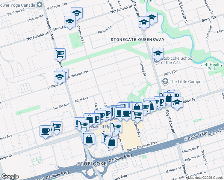 map of restaurants, bars, coffee shops, grocery stores, and more near in Toronto