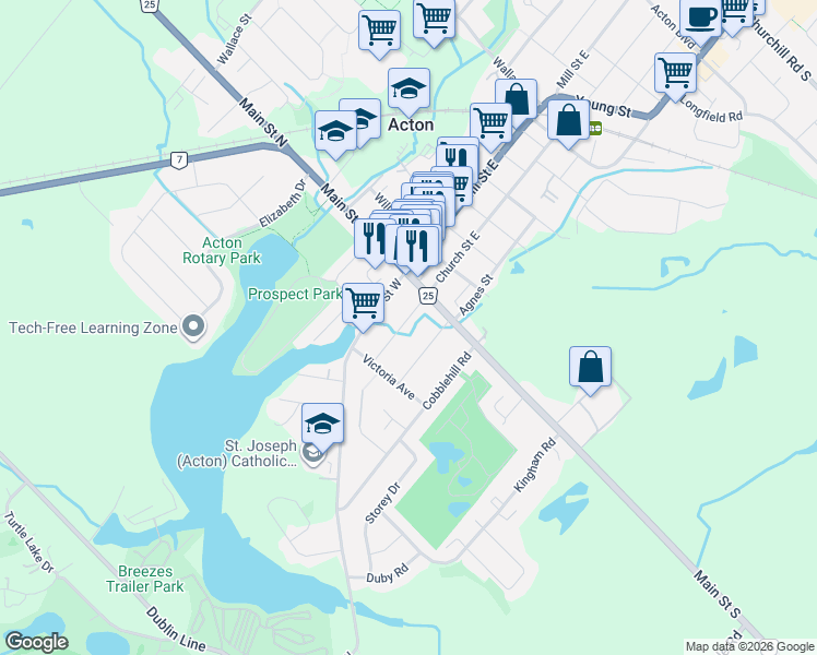 map of restaurants, bars, coffee shops, grocery stores, and more near 28 Church Street West in Acton