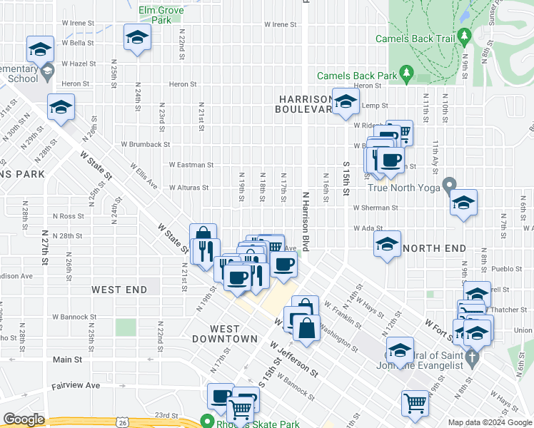 map of restaurants, bars, coffee shops, grocery stores, and more near 914 North 18th Street in Boise