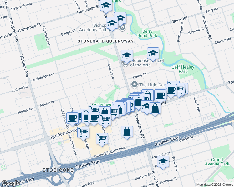 map of restaurants, bars, coffee shops, grocery stores, and more near 38 Uno Drive in Toronto
