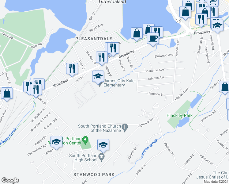 map of restaurants, bars, coffee shops, grocery stores, and more near 198 South Kelsey Street in South Portland