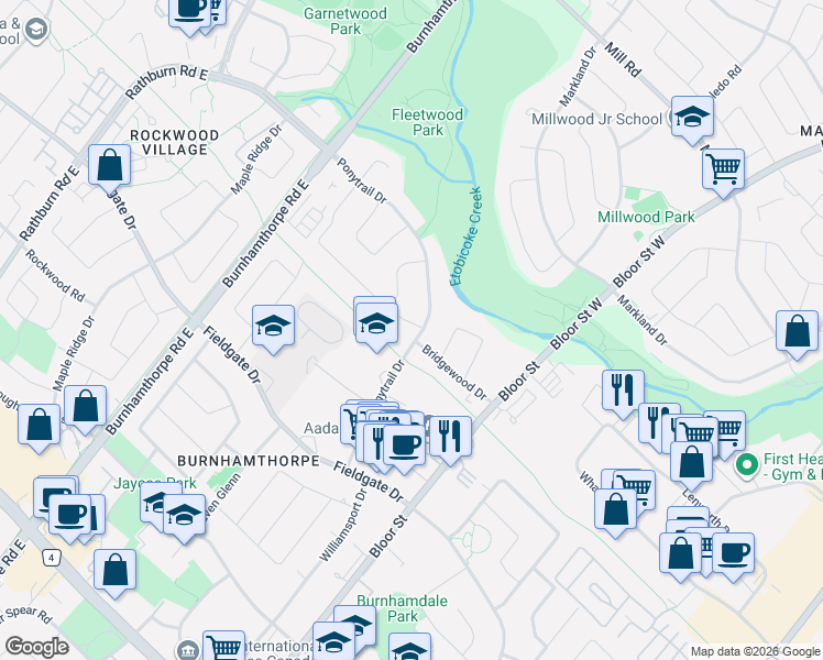 map of restaurants, bars, coffee shops, grocery stores, and more near 3500 Silverplains Drive in Mississauga