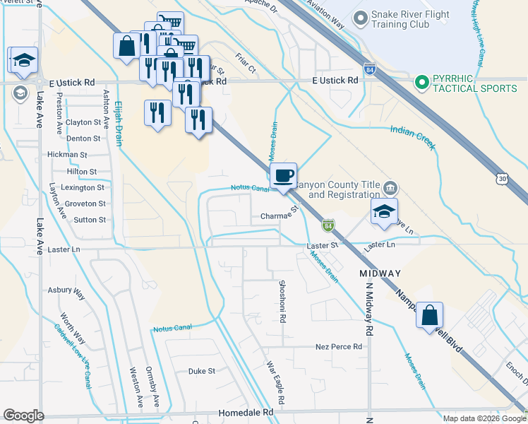 map of restaurants, bars, coffee shops, grocery stores, and more near 4718 Kadie Street in Caldwell