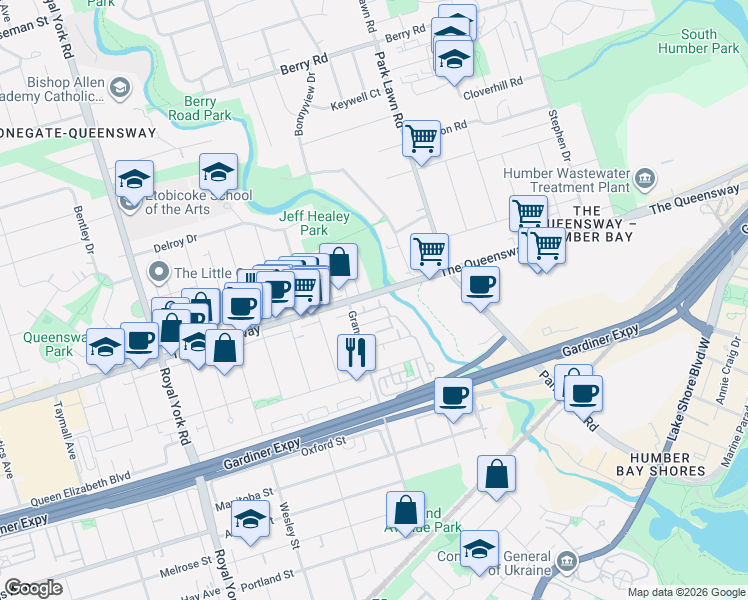 map of restaurants, bars, coffee shops, grocery stores, and more near 175 Grand Avenue in Toronto