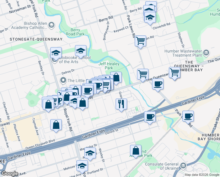 map of restaurants, bars, coffee shops, grocery stores, and more near in Toronto