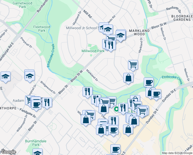 map of restaurants, bars, coffee shops, grocery stores, and more near 37 Sunplains Crescent in Toronto