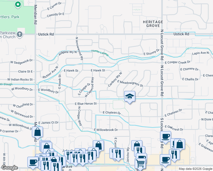 map of restaurants, bars, coffee shops, grocery stores, and more near 949 East Cougar Street in Meridian