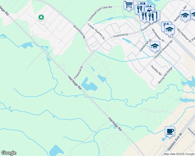 map of restaurants, bars, coffee shops, grocery stores, and more near 77 Brushwood Drive in Brampton