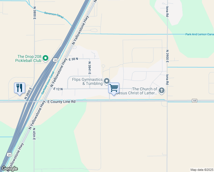 map of restaurants, bars, coffee shops, grocery stores, and more near 2 Landmark Lane in Rigby