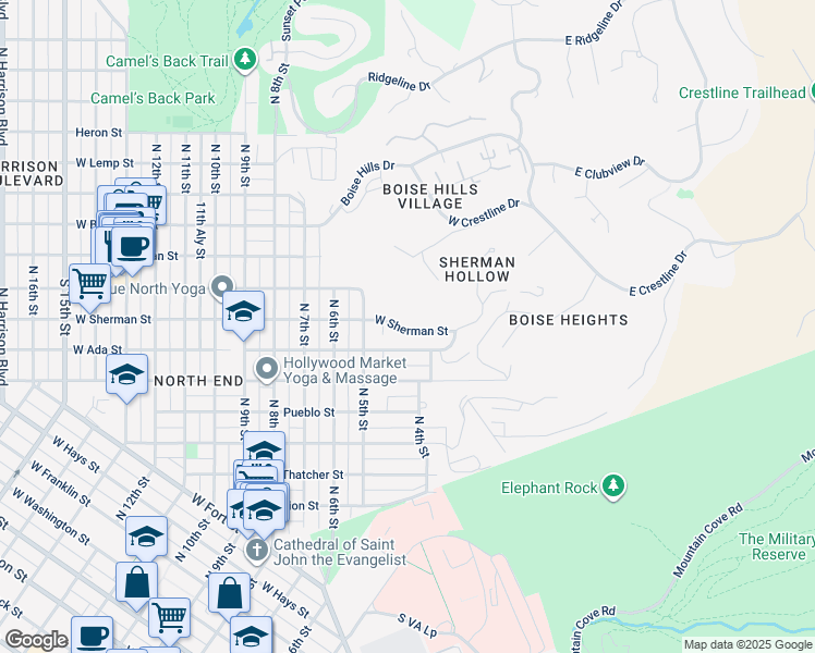 map of restaurants, bars, coffee shops, grocery stores, and more near 417 West Ada Street in Boise