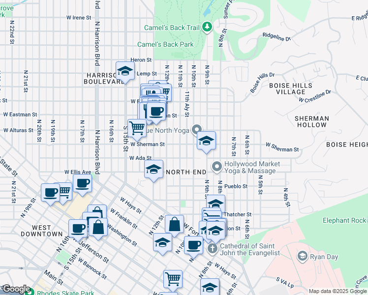 map of restaurants, bars, coffee shops, grocery stores, and more near 1008 West Ada Street in Boise