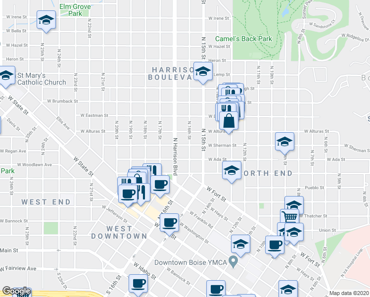 map of restaurants, bars, coffee shops, grocery stores, and more near 912 North Harrison Boulevard in Boise