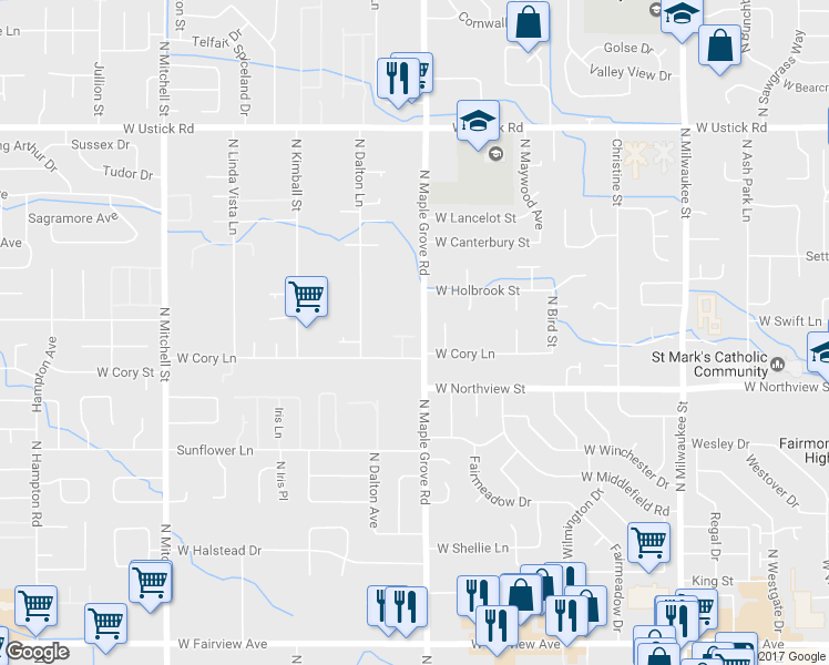 map of restaurants, bars, coffee shops, grocery stores, and more near 2504 North Workland Lane in Boise