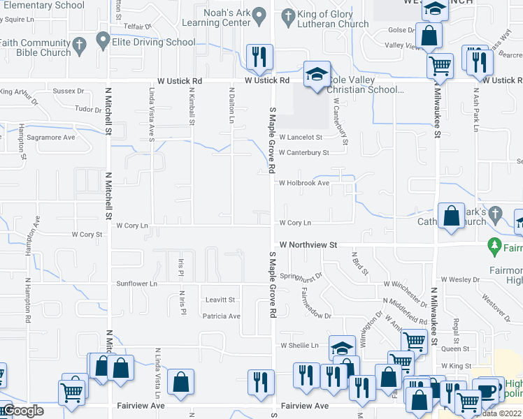 map of restaurants, bars, coffee shops, grocery stores, and more near 2504 North Workland Lane in Boise