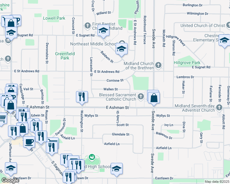 map of restaurants, bars, coffee shops, grocery stores, and more near 1200 Love Street in Midland