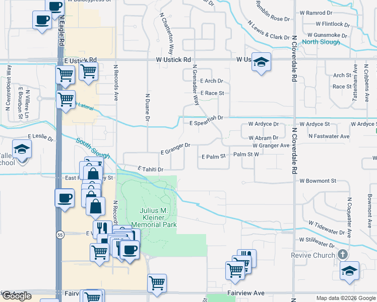 map of restaurants, bars, coffee shops, grocery stores, and more near 2505 North Wallingford Avenue in Meridian