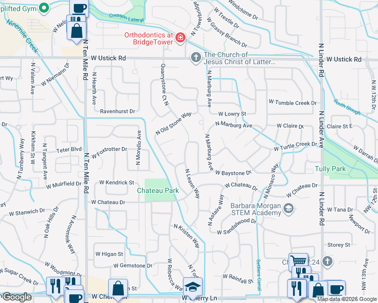 map of restaurants, bars, coffee shops, grocery stores, and more near 2519 North Leann Way in Meridian