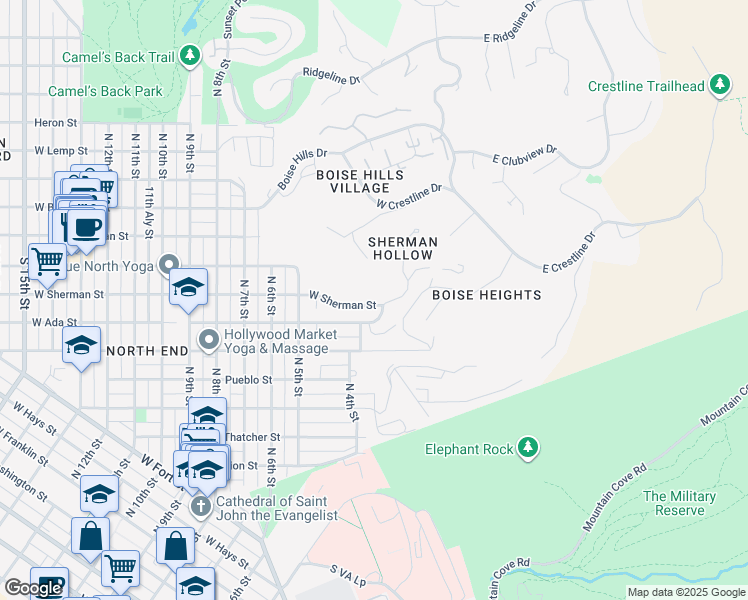 map of restaurants, bars, coffee shops, grocery stores, and more near 401 West Ada Street in Boise