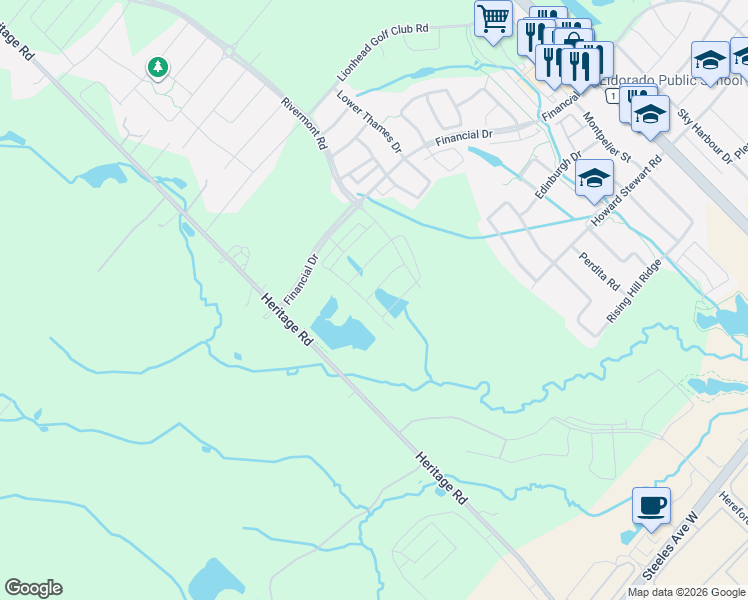 map of restaurants, bars, coffee shops, grocery stores, and more near 21 Rolling Rock Way in Brampton