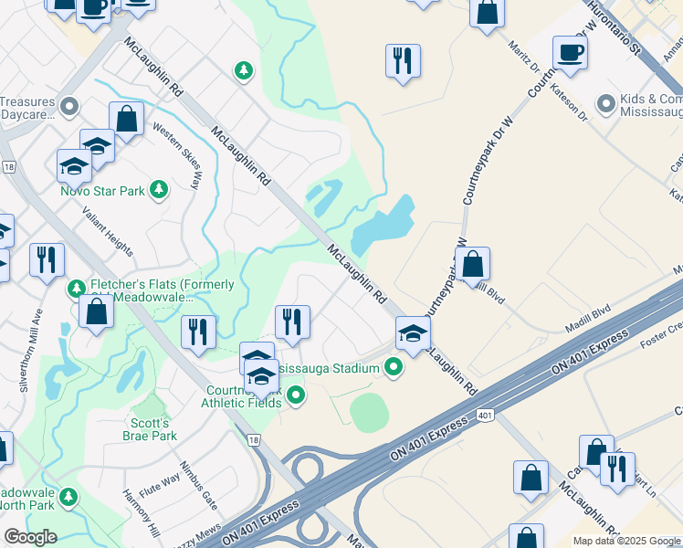 map of restaurants, bars, coffee shops, grocery stores, and more near 517 Navigator Drive in Mississauga