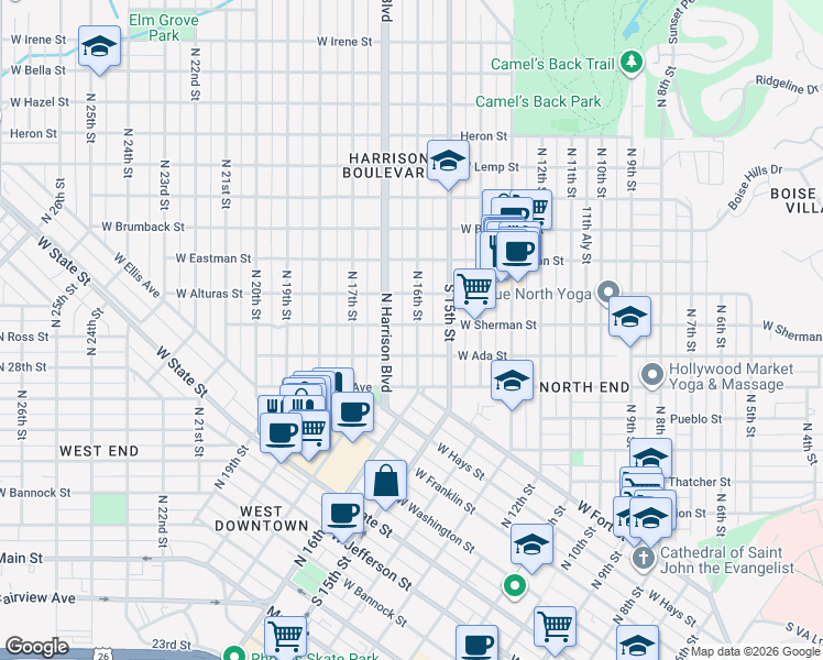 map of restaurants, bars, coffee shops, grocery stores, and more near 1019 North 16th Street in Boise