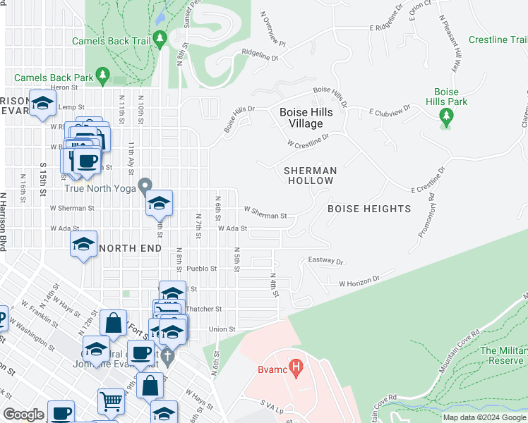 map of restaurants, bars, coffee shops, grocery stores, and more near 410 West Sherman Street in Boise
