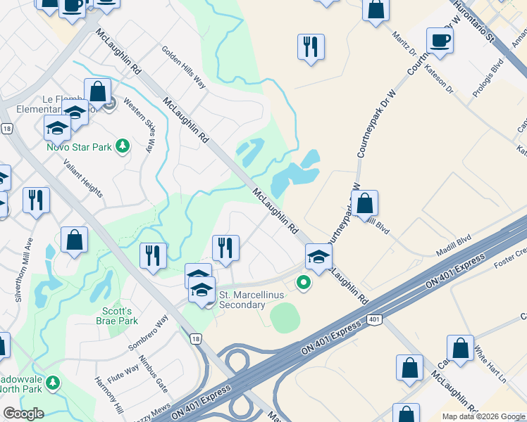 map of restaurants, bars, coffee shops, grocery stores, and more near 6550 McLaughlin Road in Mississauga
