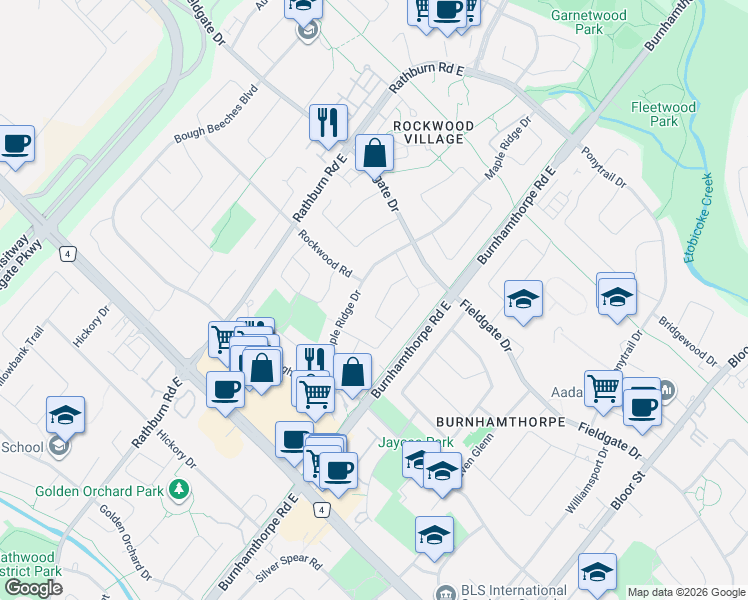 map of restaurants, bars, coffee shops, grocery stores, and more near 1603 Dewberry Crescent in Mississauga