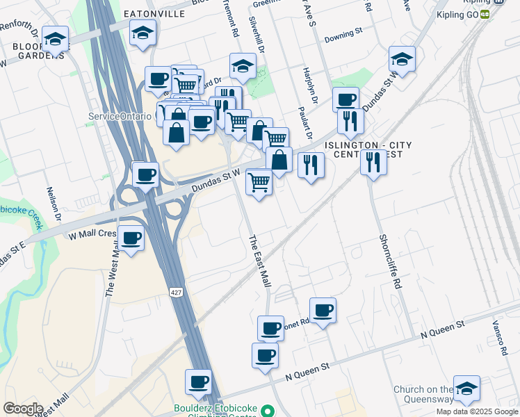 map of restaurants, bars, coffee shops, grocery stores, and more near 5559 Dundas Street West in Toronto
