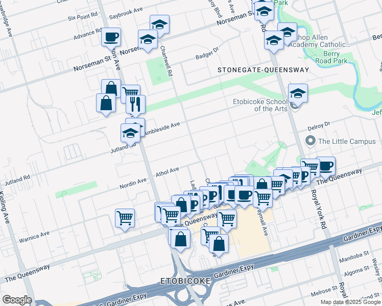 map of restaurants, bars, coffee shops, grocery stores, and more near 87 Edgecroft Road in Toronto
