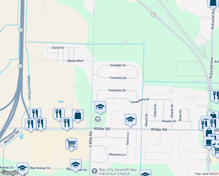 map of restaurants, bars, coffee shops, grocery stores, and more near 3052 Coventry Drive in Bay City