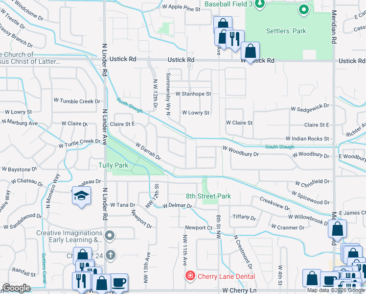 map of restaurants, bars, coffee shops, grocery stores, and more near 1118 West Woodbury Drive in Meridian
