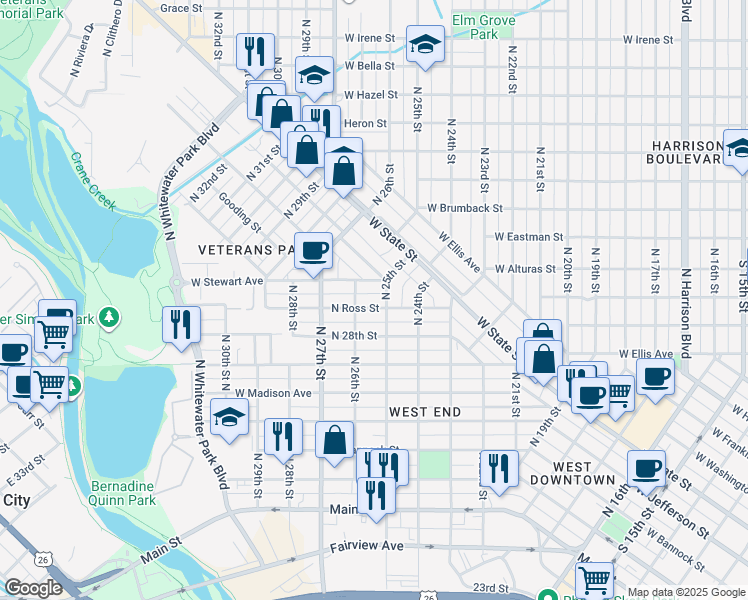 map of restaurants, bars, coffee shops, grocery stores, and more near 2510 Regan Avenue in Boise