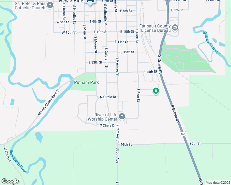 map of restaurants, bars, coffee shops, grocery stores, and more near 1020 South Ramsey Street in Blue Earth