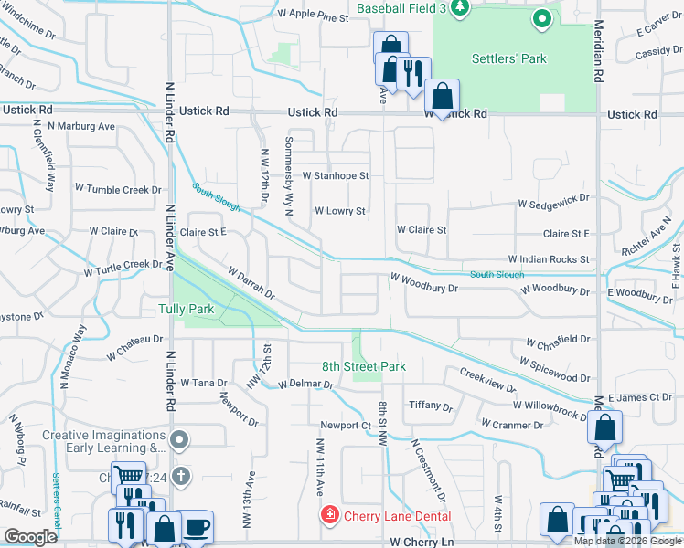 map of restaurants, bars, coffee shops, grocery stores, and more near 1118 W Woodbury Dr in Meridian