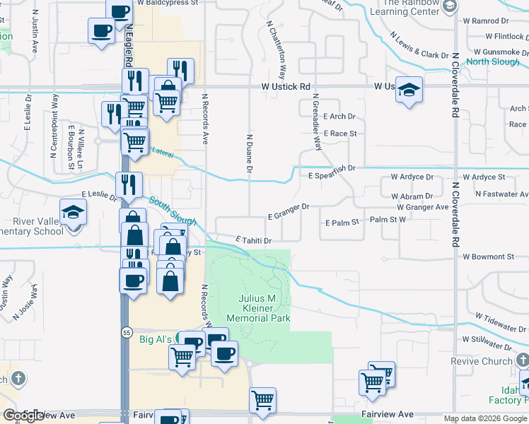 map of restaurants, bars, coffee shops, grocery stores, and more near 2630 North Duane Drive in Meridian