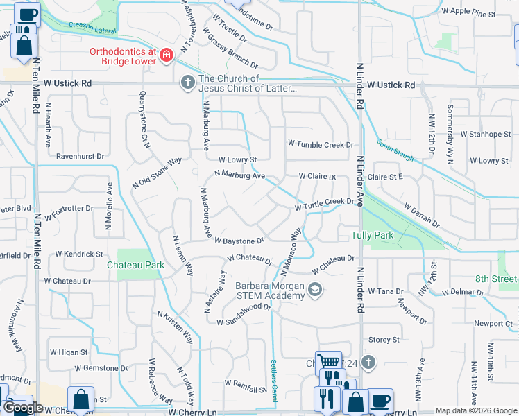 map of restaurants, bars, coffee shops, grocery stores, and more near 2659 North Rough Stone Way in Meridian