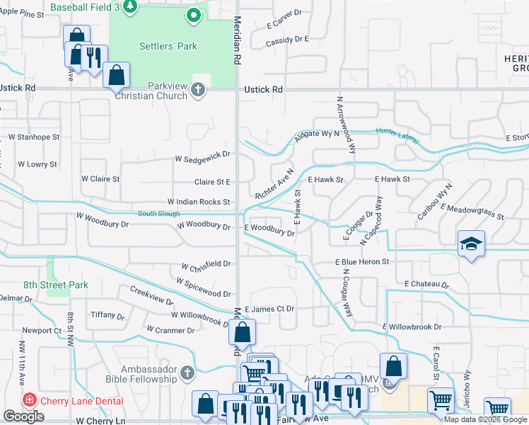 map of restaurants, bars, coffee shops, grocery stores, and more near 73 East Ryegate Drive in Meridian