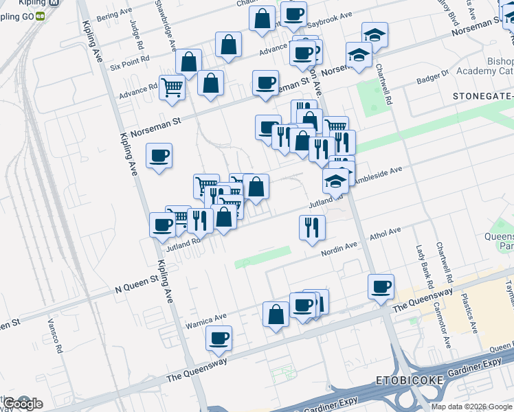 map of restaurants, bars, coffee shops, grocery stores, and more near 70 Jutland Road in Toronto