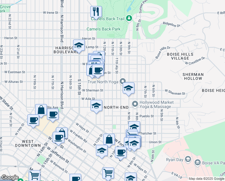 map of restaurants, bars, coffee shops, grocery stores, and more near West Sherman Street in Boise